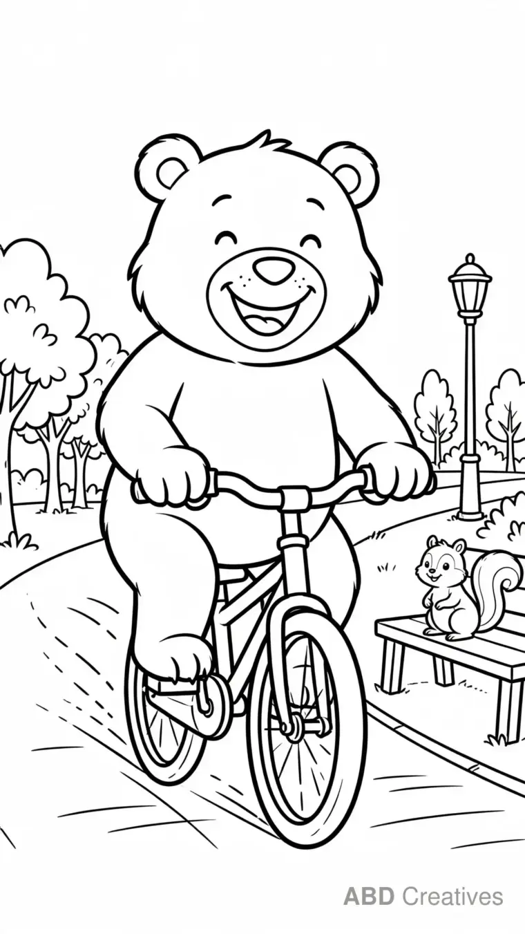 Bear Riding a Bicycle Coloring Page