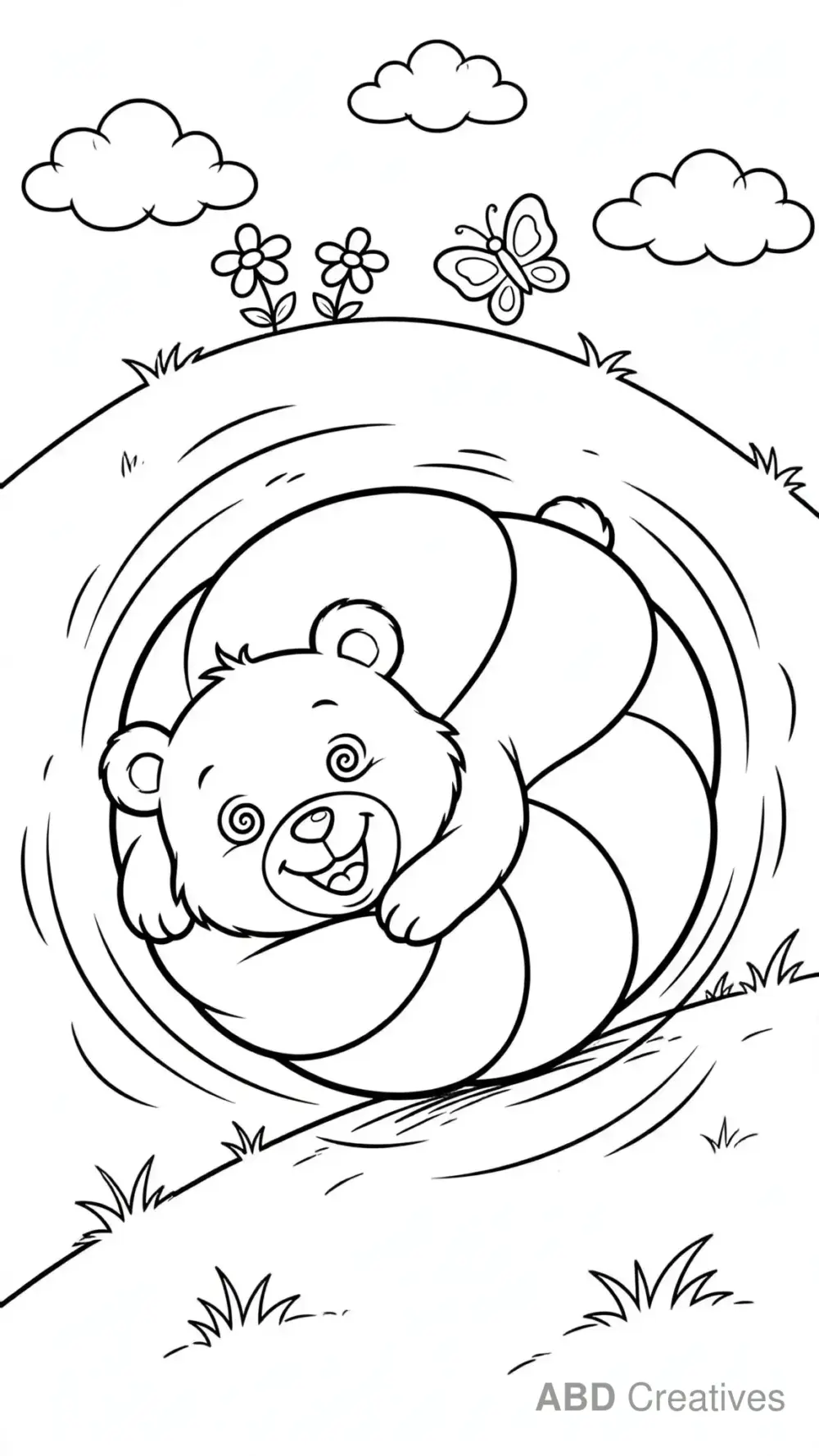 Bear Rolling Down a Grassy Hill Coloring Page