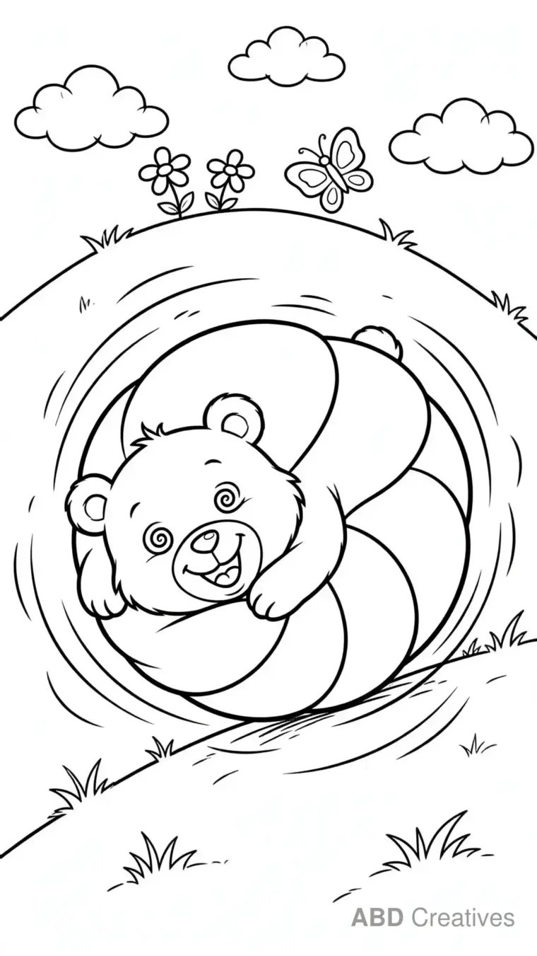 Bear Rolling Down a Grassy Hill Coloring Page