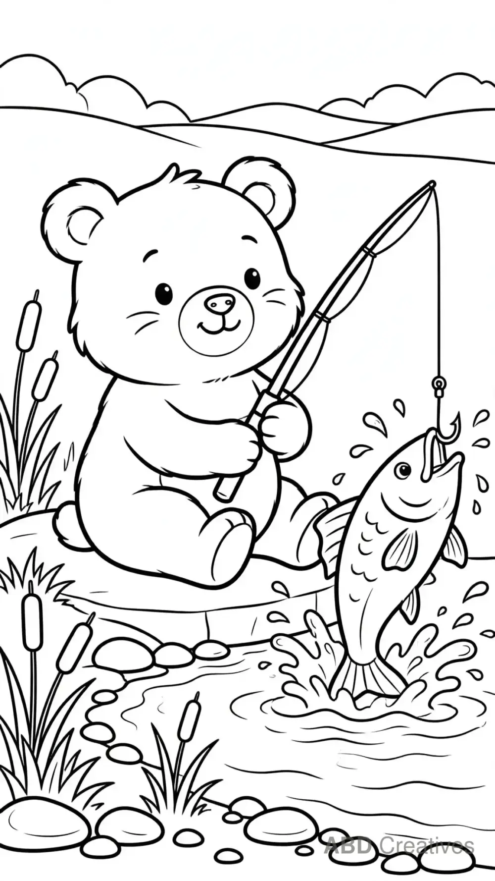 Bear Sitting by a River Catching Fish Coloring Page