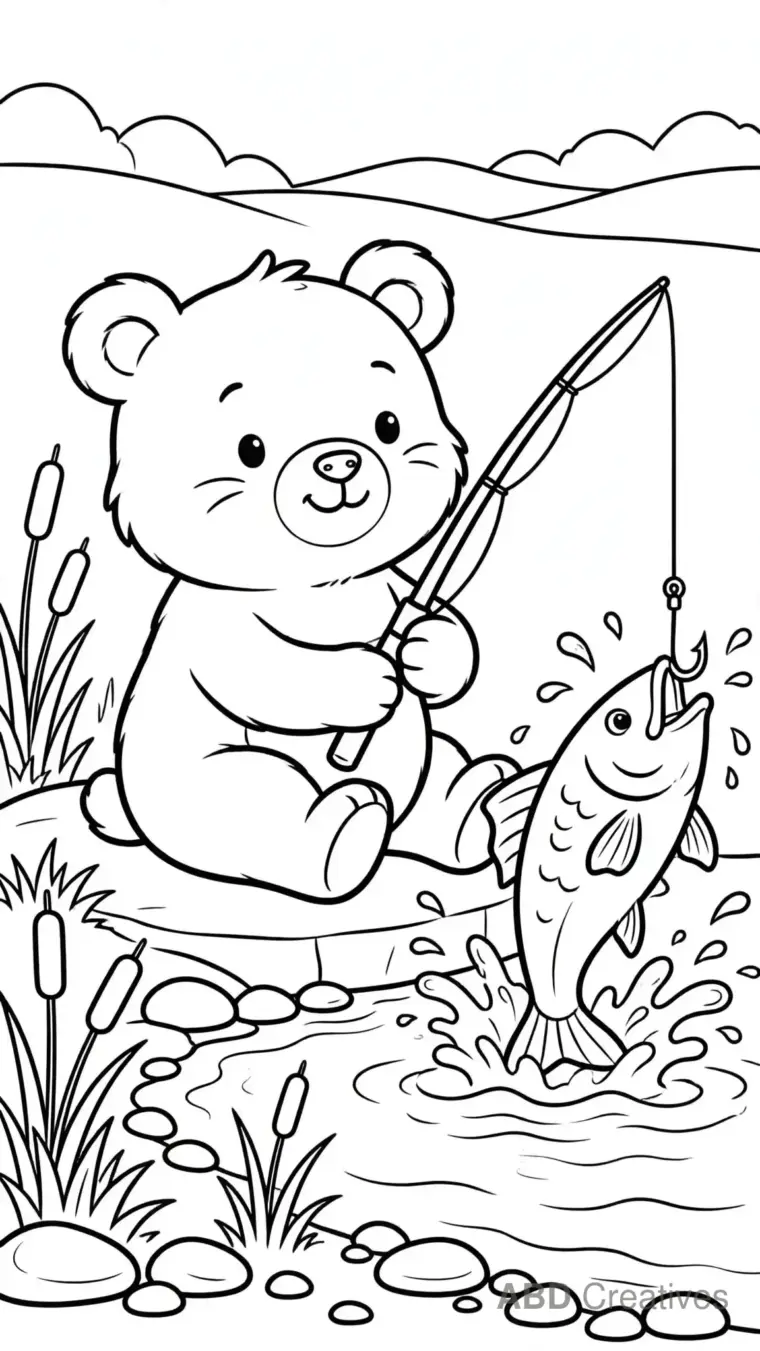 Bear Sitting by a River Catching Fish Coloring Page