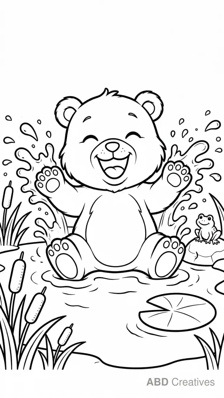 Bear Splashing in a Pond Coloring Page