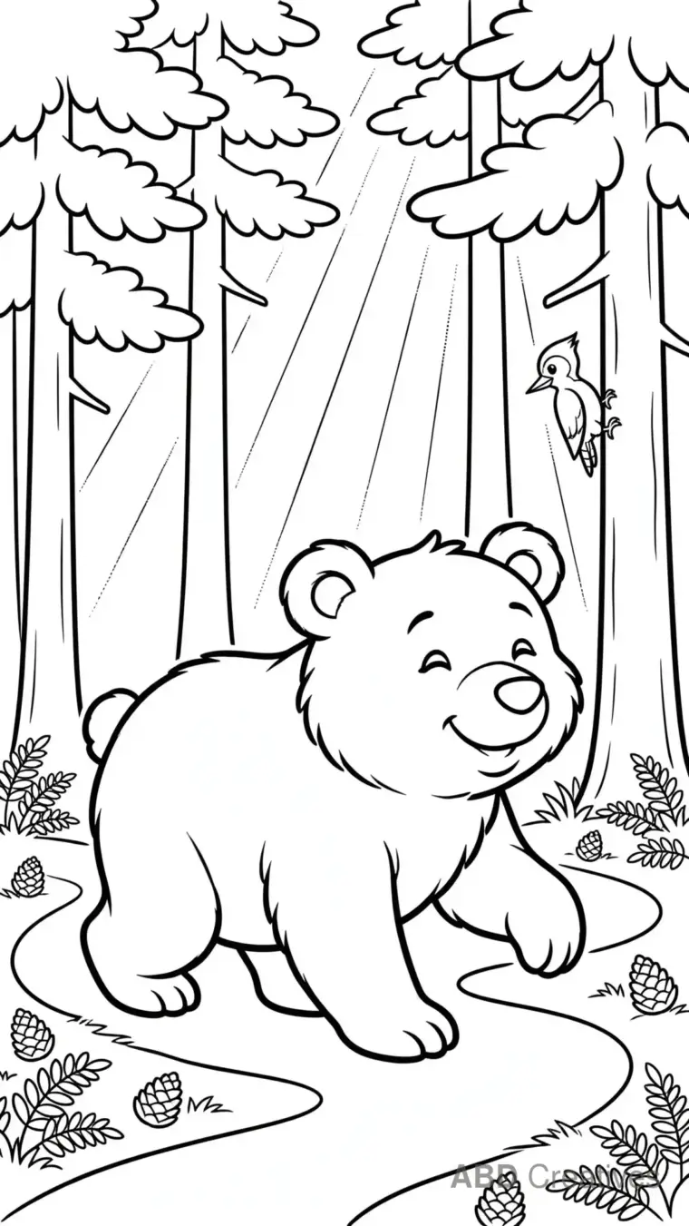 Bear Walking Through a Pine Forest Coloring Page