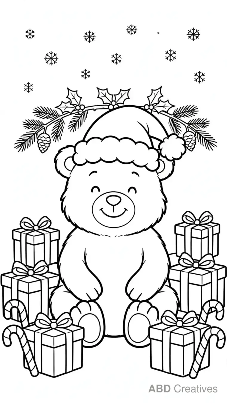 Bear Wearing a Santa Hat with Gifts Coloring Page