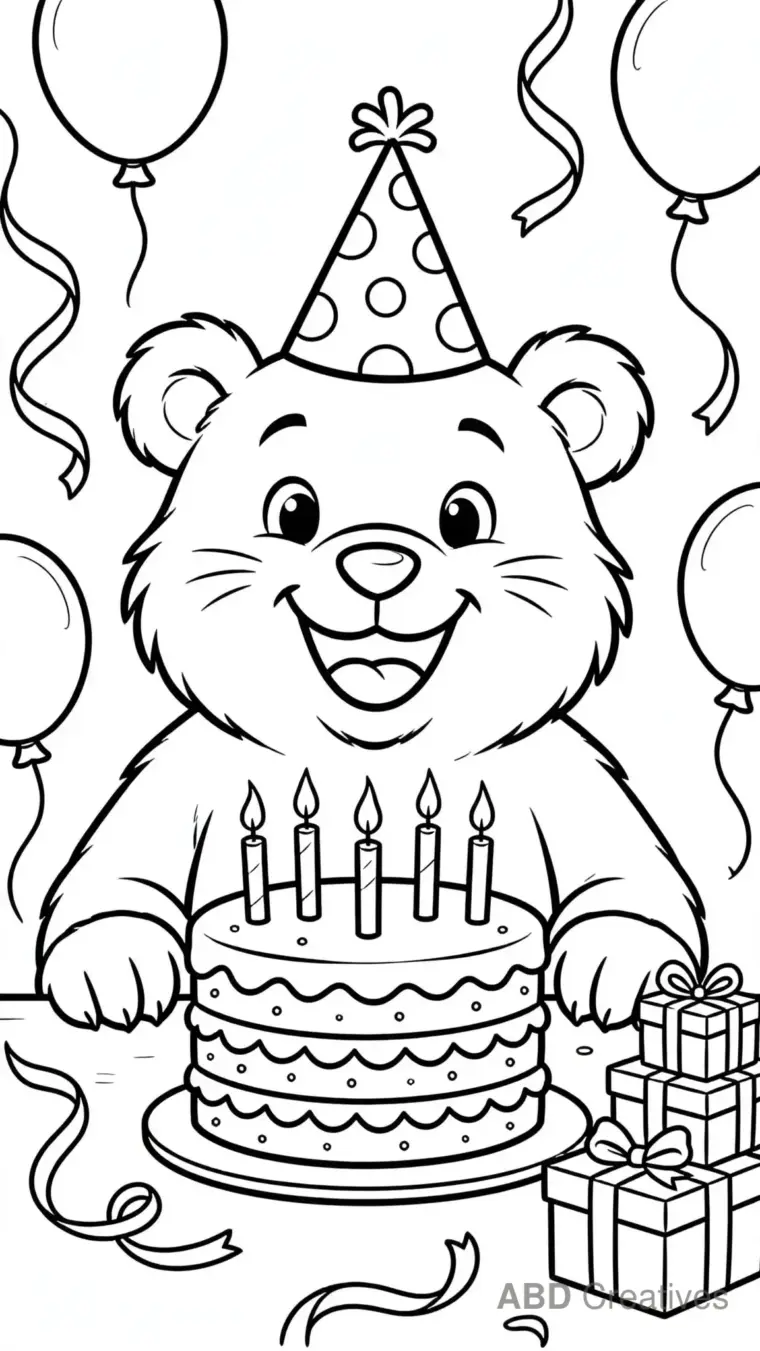 Bear at a Birthday Party with Cake Coloring Page
