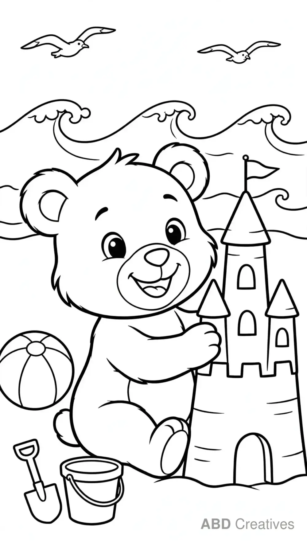 Bear at the Beach with a Sandcastle Coloring Page