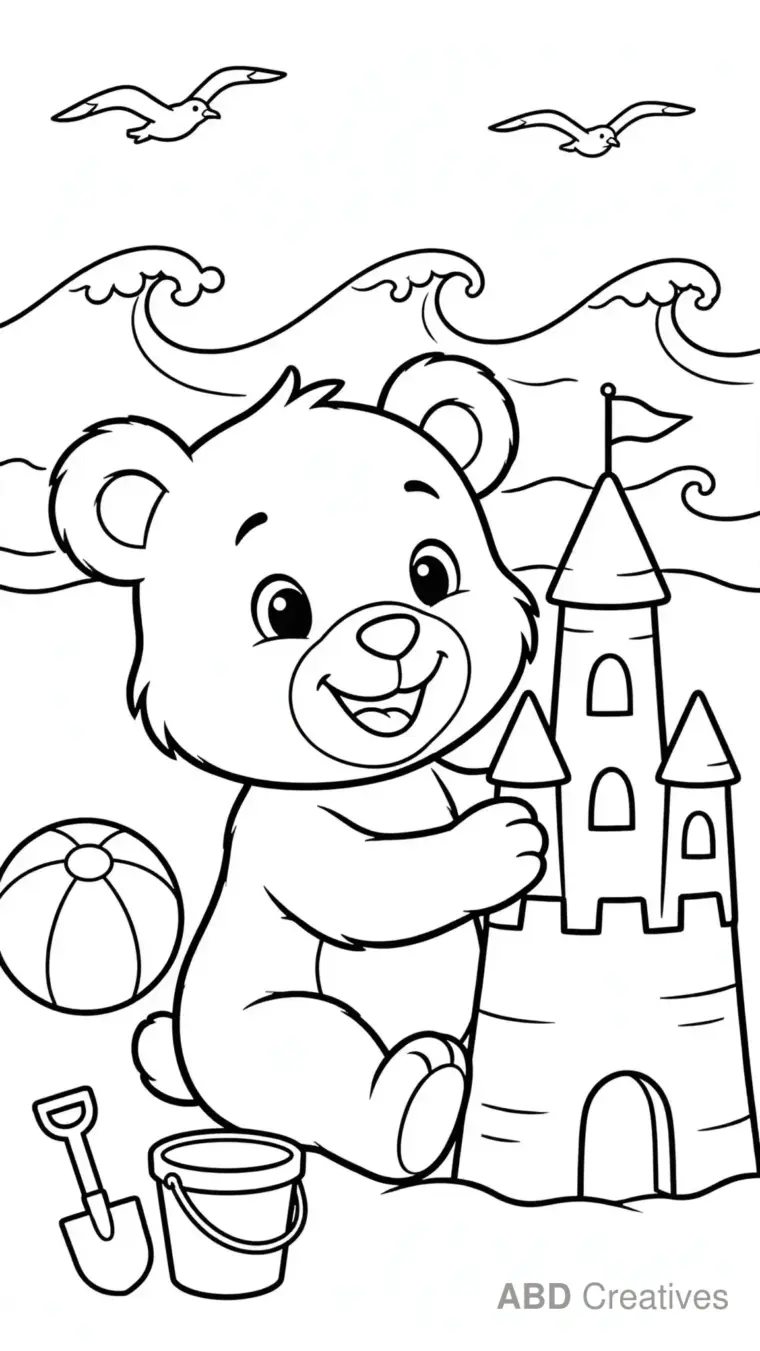 Bear at the Beach with a Sandcastle Coloring Page
