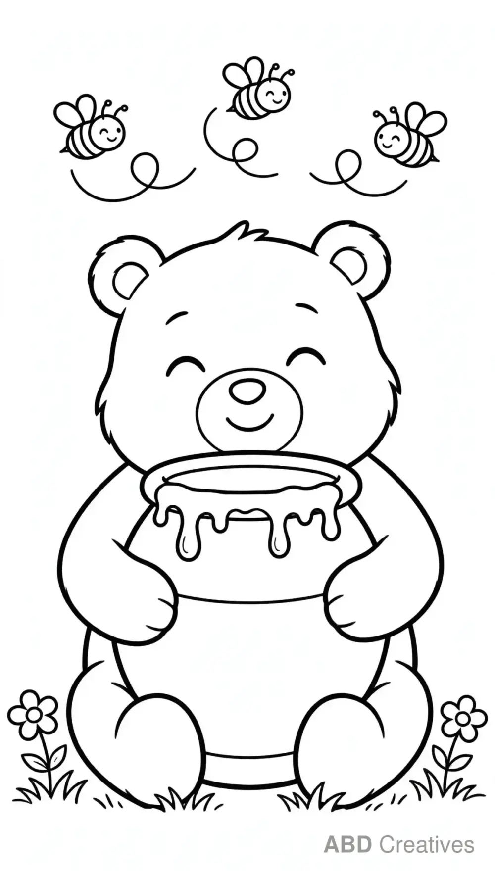 Bear with a Honey Pot and Bees Coloring Page
