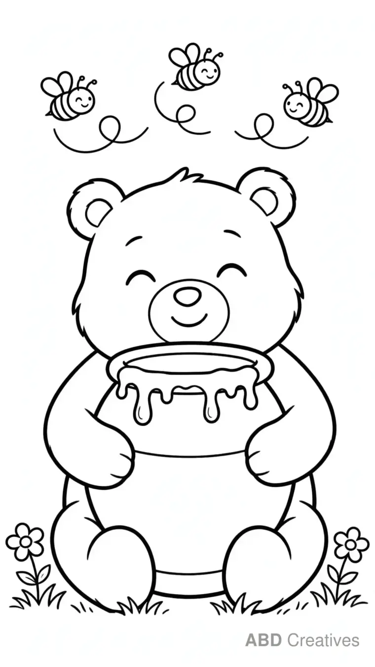 Bear with a Honey Pot and Bees Coloring Page