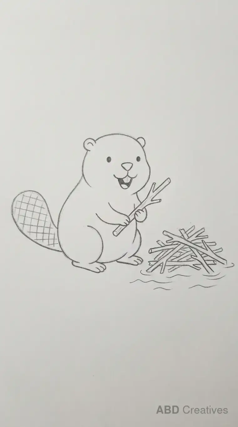 Beaver Building Dam Pencil Drawing