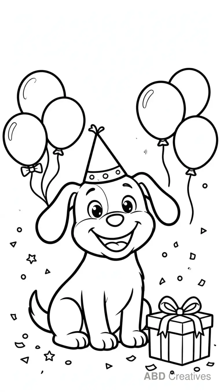 Birthday Dog with Party Hat Coloring Page