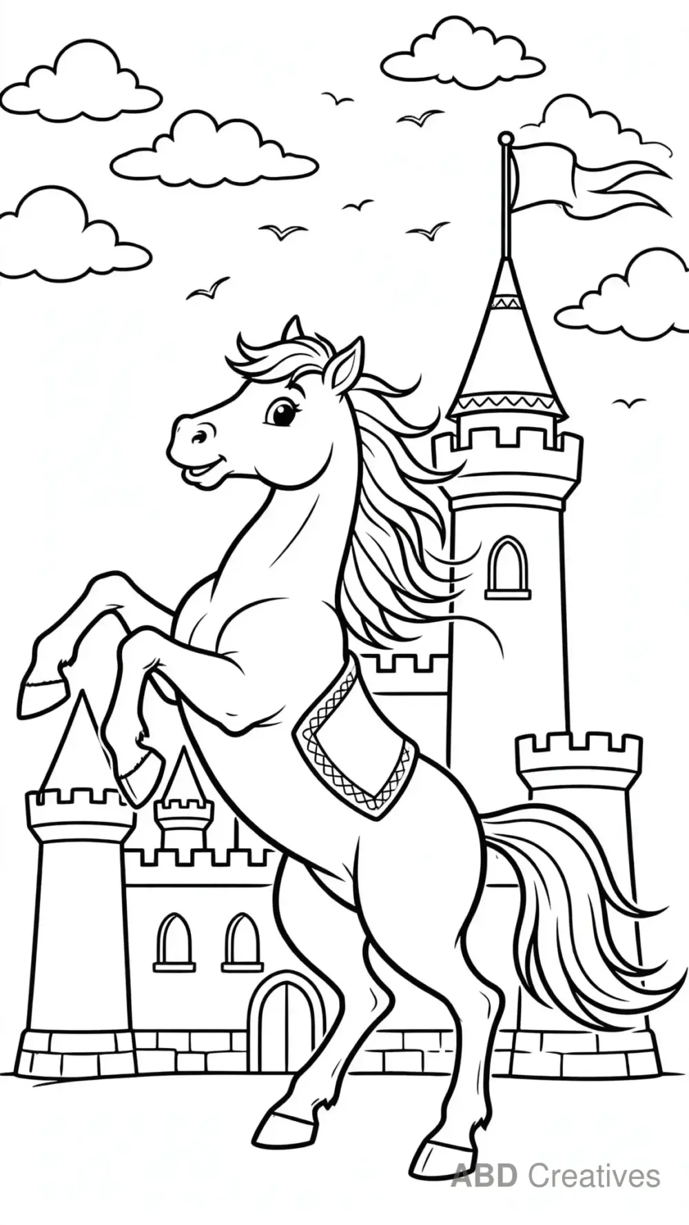 Brave Horse Rearing by a Castle Coloring Page