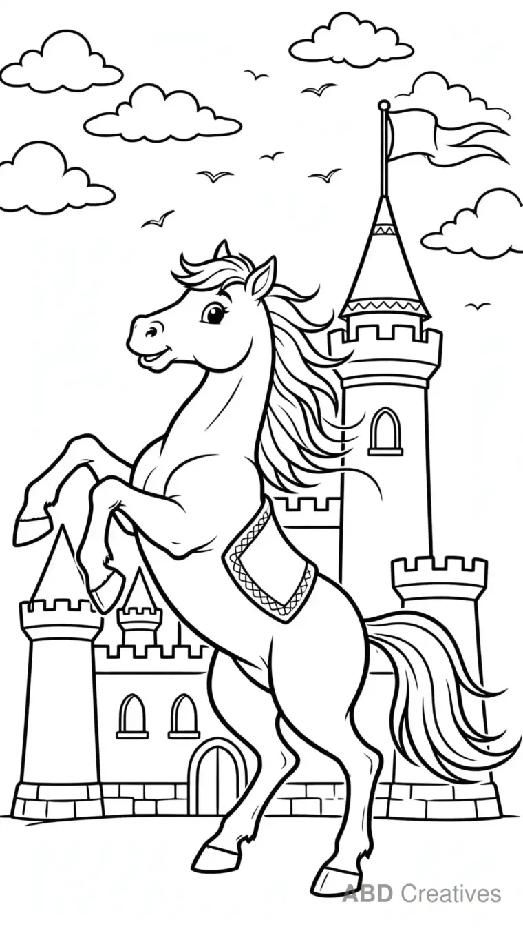 Brave Horse Rearing by a Castle Coloring Page