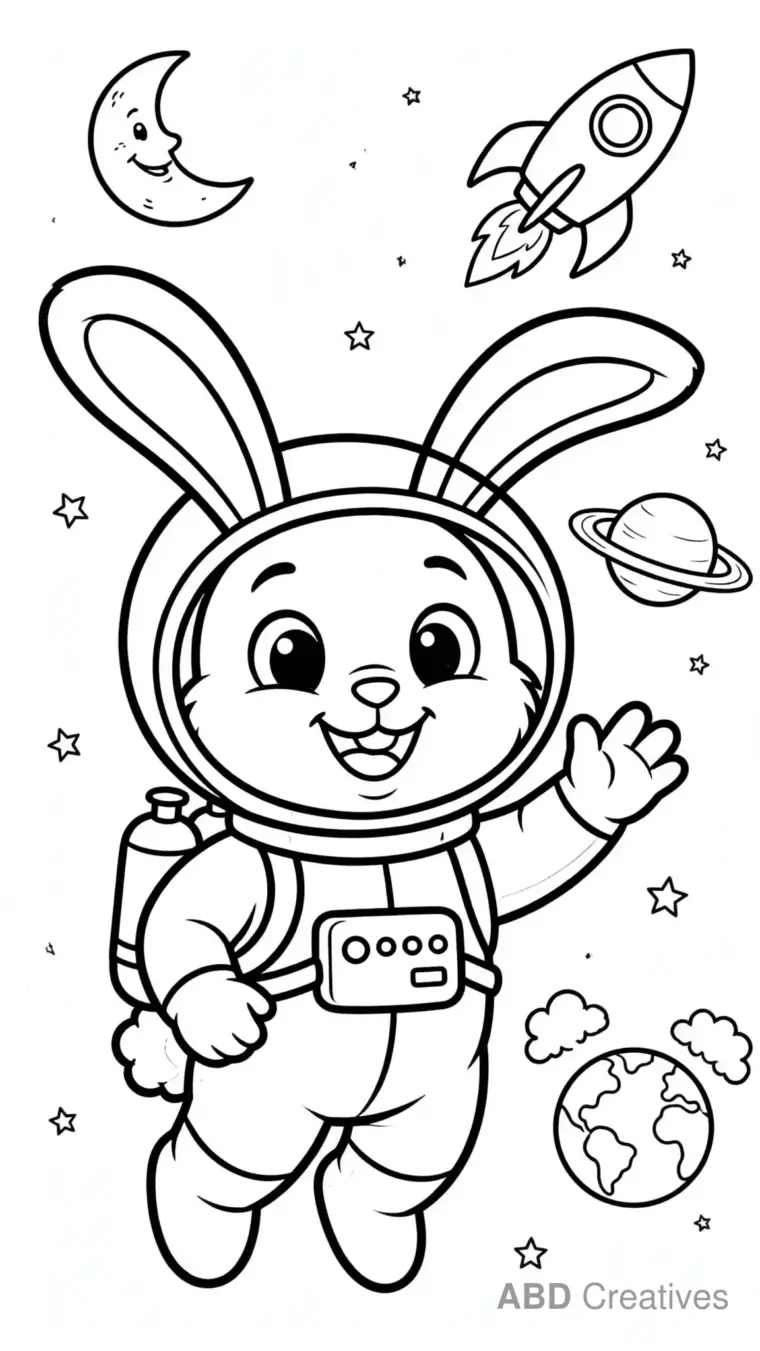 Bunny Astronaut in Space Coloring Page