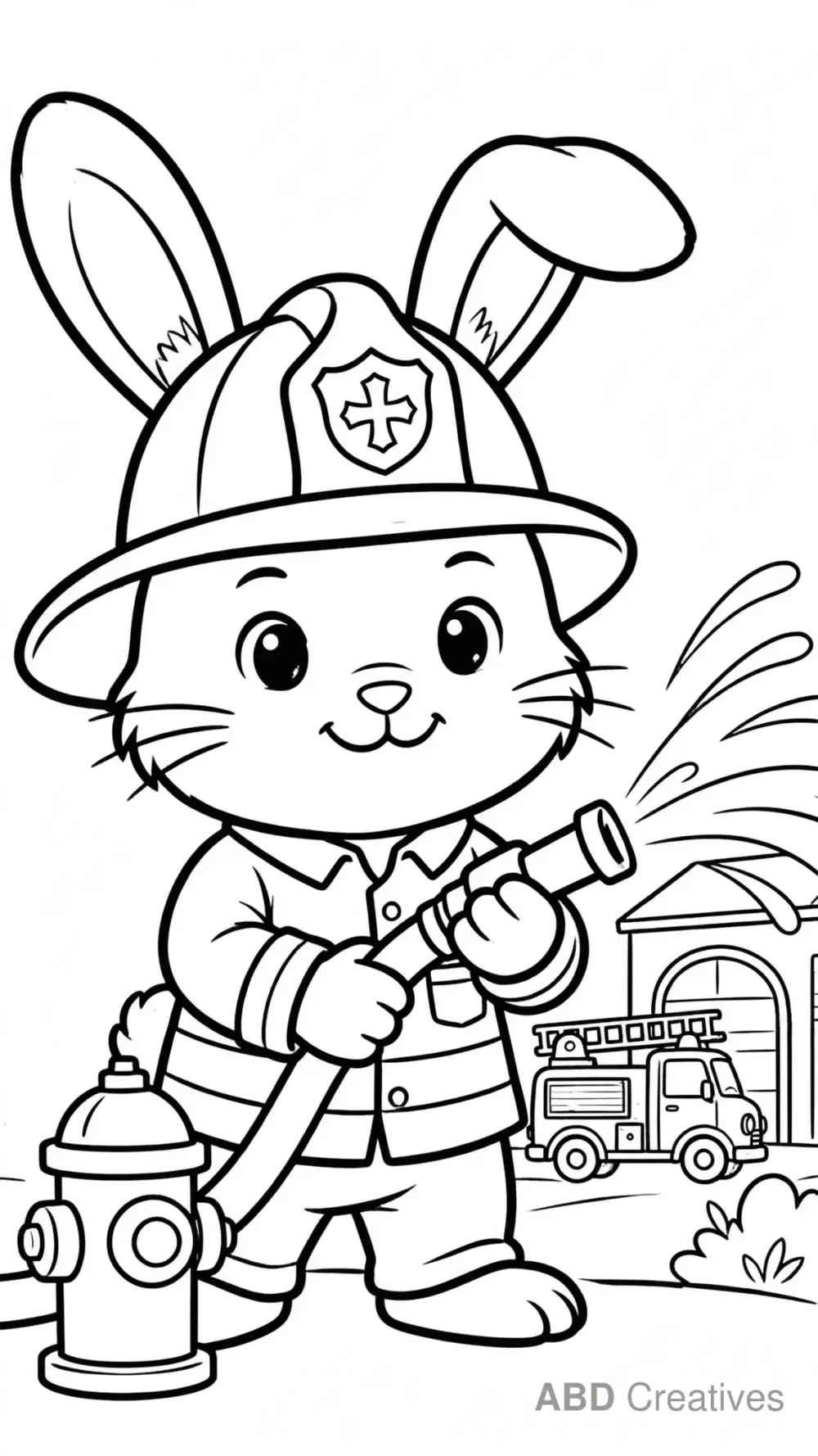 Bunny Firefighter with a Hose Coloring Page