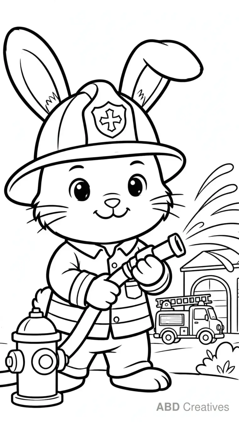 Bunny Firefighter with a Hose Coloring Page