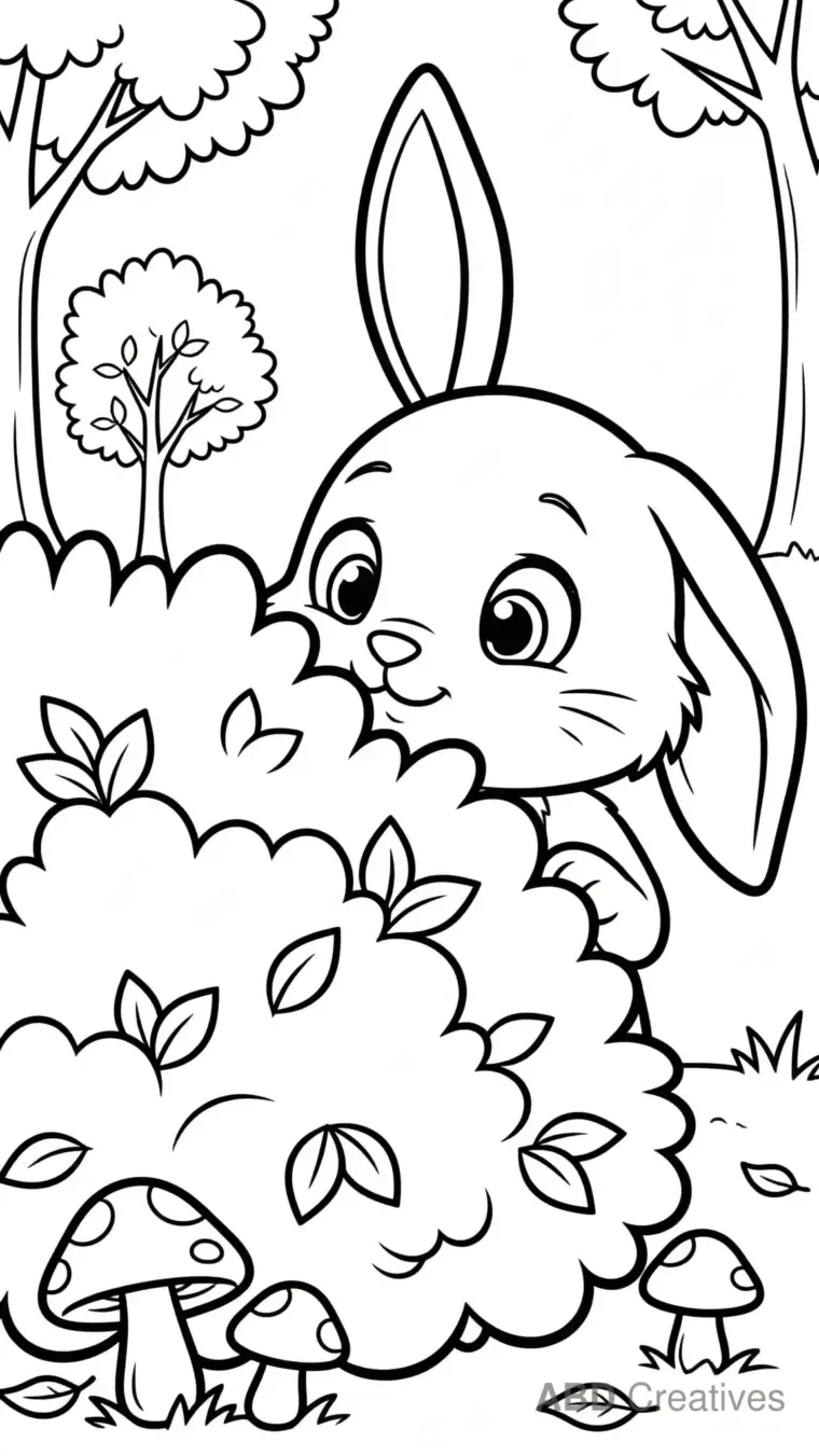 Bunny Peeking from Behind a Bush Coloring Page