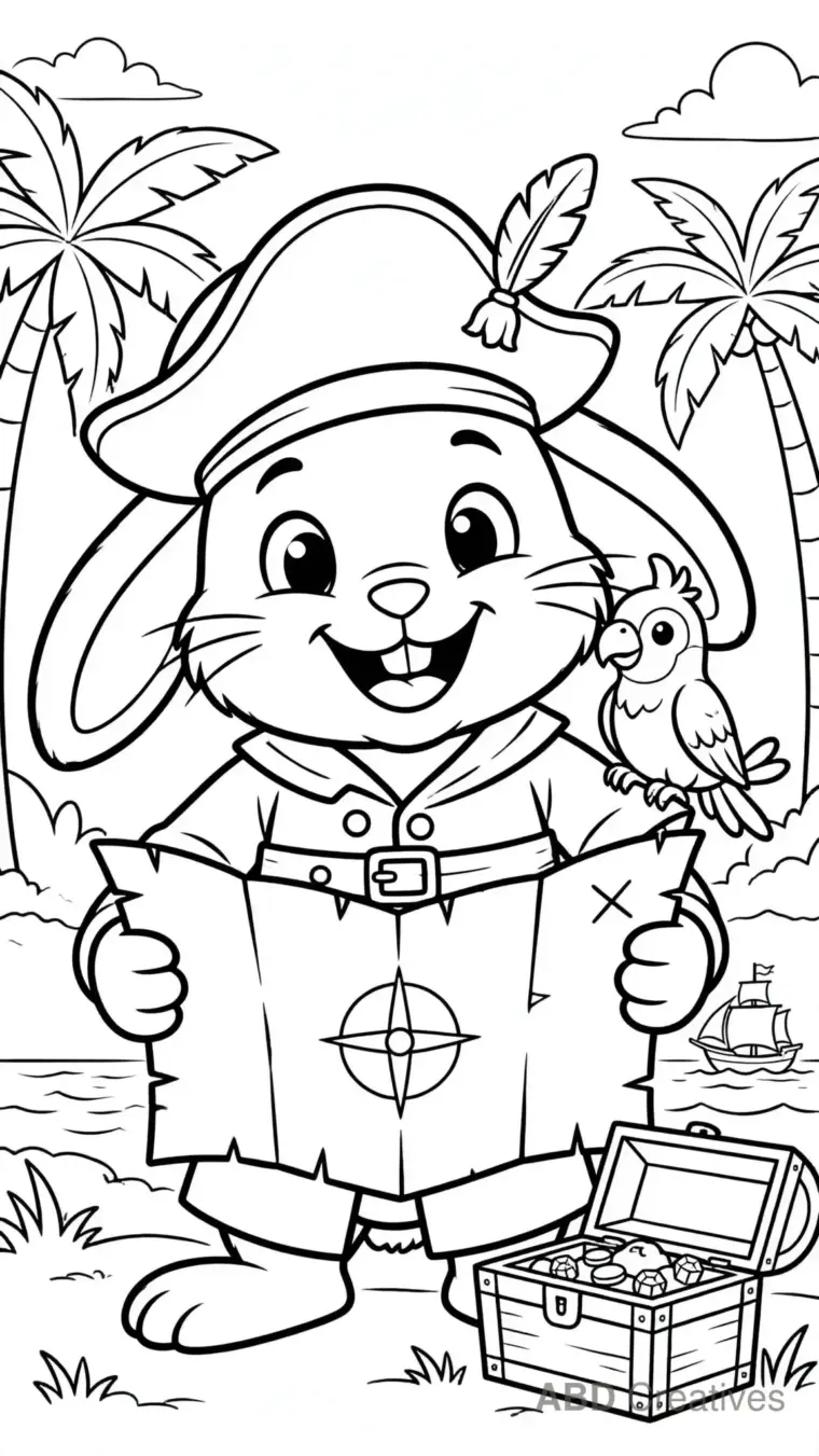 Bunny Pirate with a Treasure Map Coloring Page