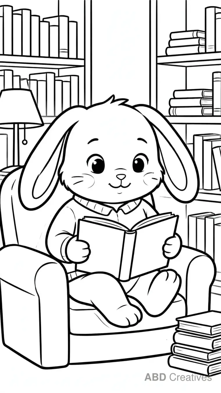Bunny Reading a Book in a Library Coloring Page