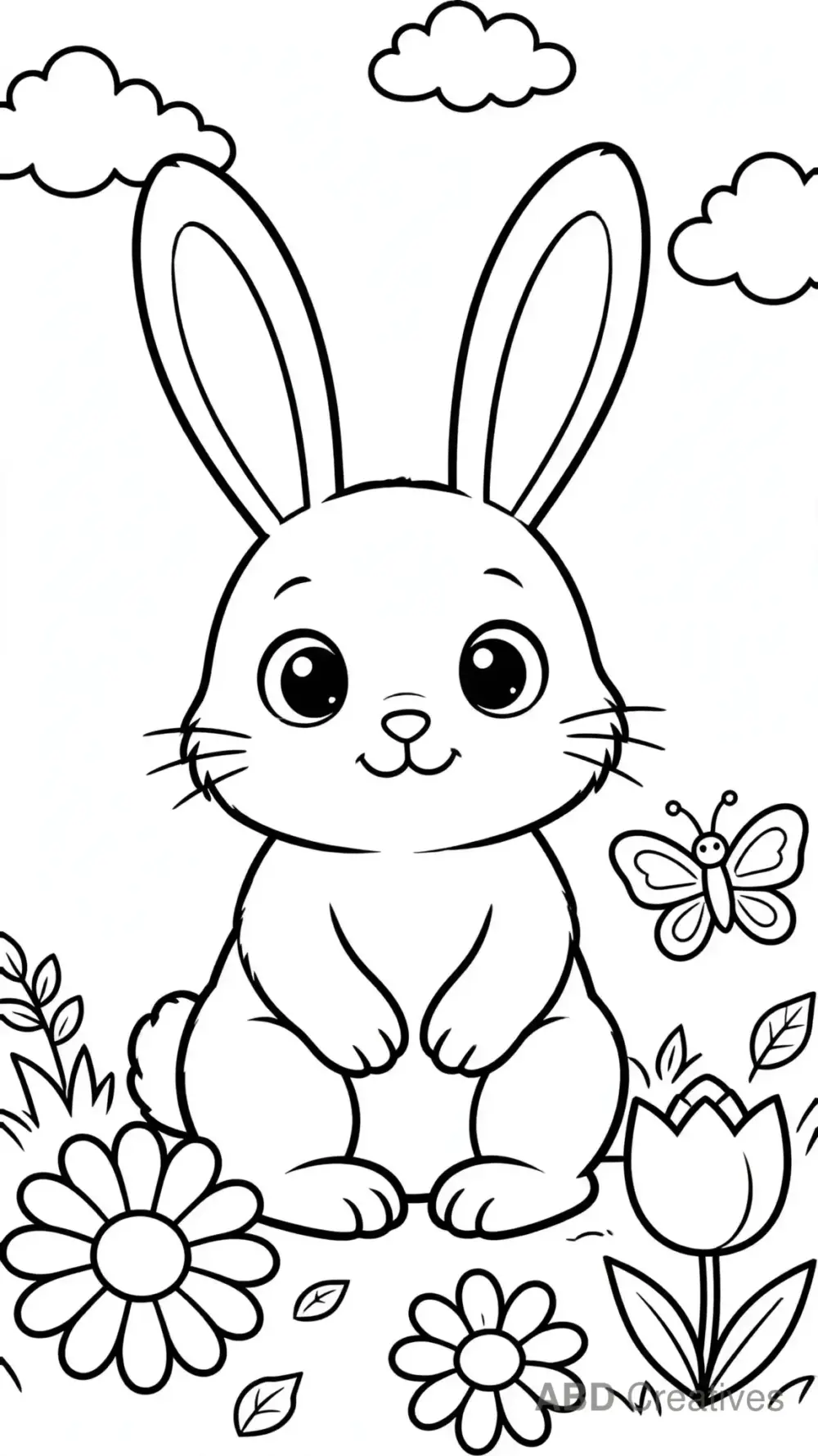 Bunny Sitting Among Flowers Coloring Page