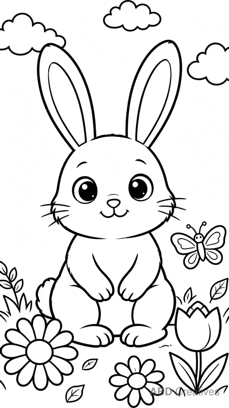 Bunny Sitting Among Flowers Coloring Page