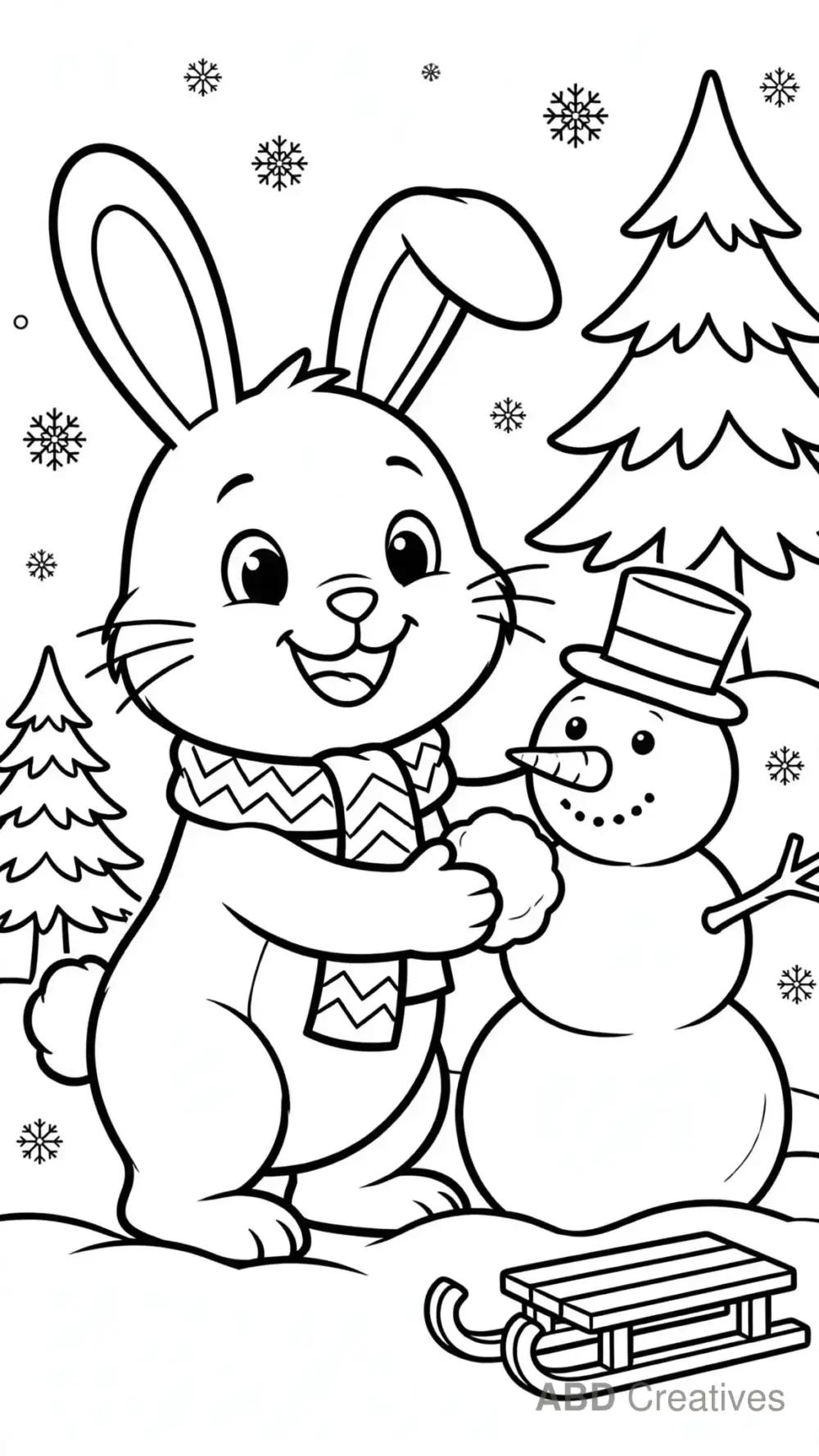Bunny Snow Day with a Snowman Coloring Page