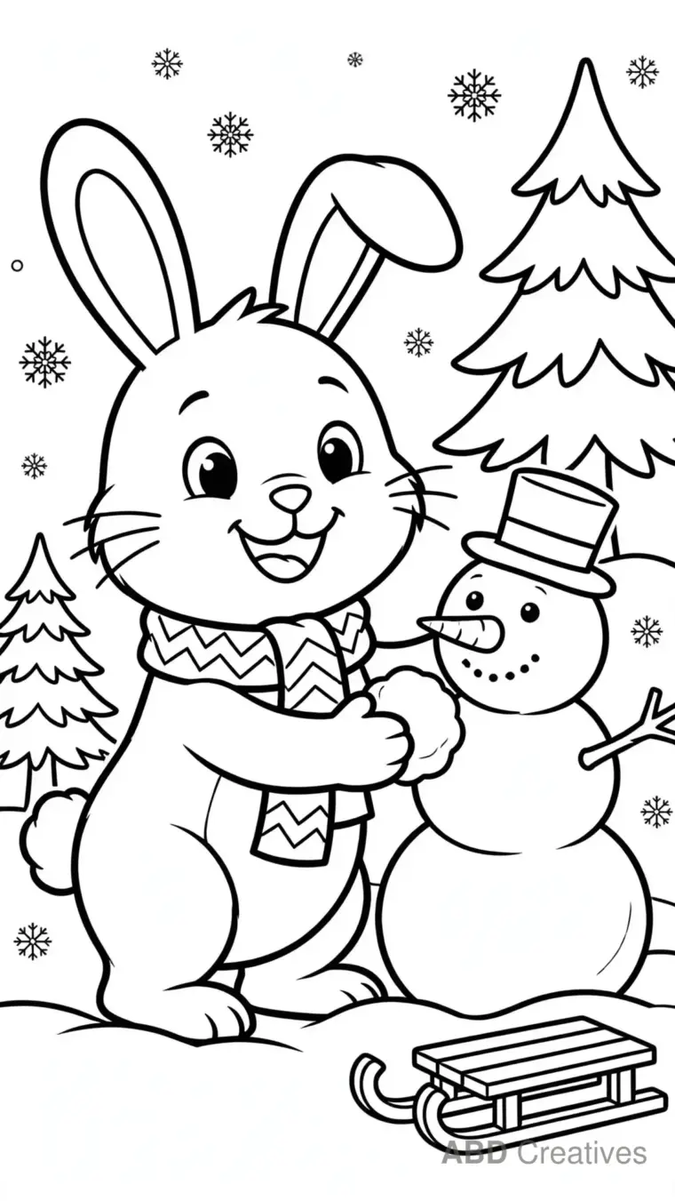 Bunny Snow Day with a Snowman Coloring Page