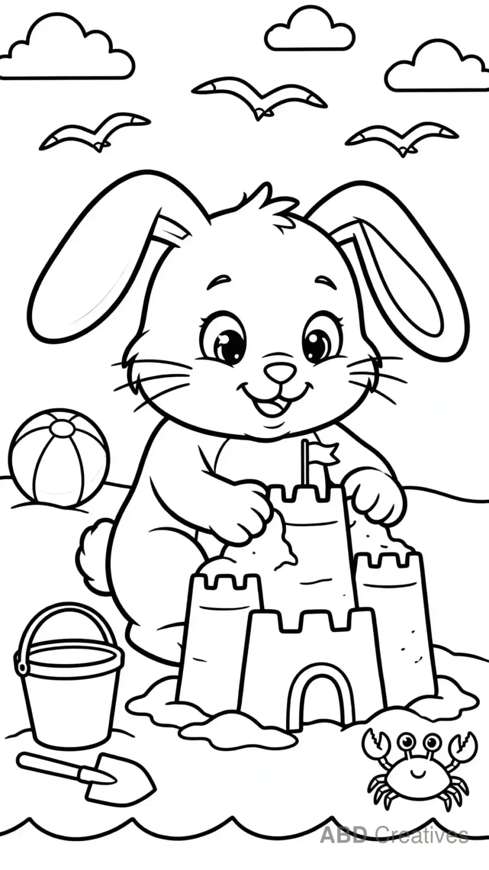 Bunny at the Beach with a Sandcastle Coloring Page