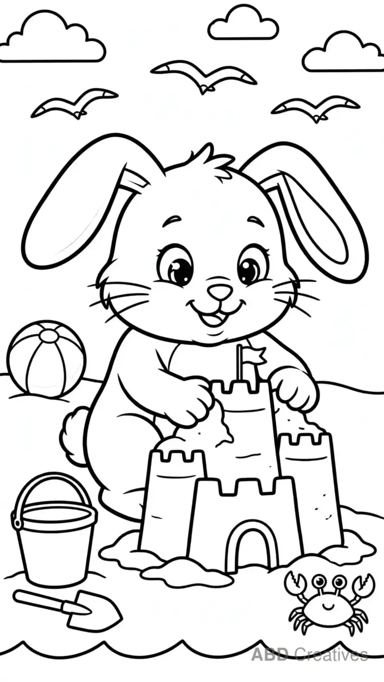 Bunny at the Beach with a Sandcastle Coloring Page