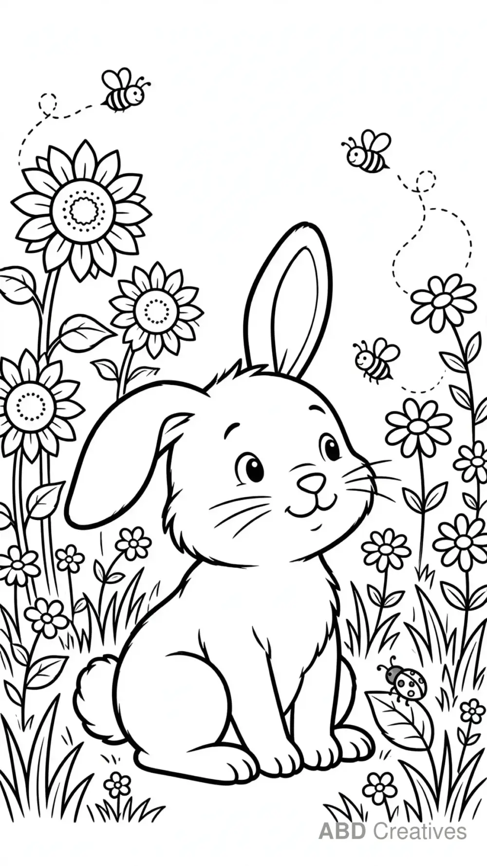 Bunny in a Flower Meadow with Bees Coloring Page