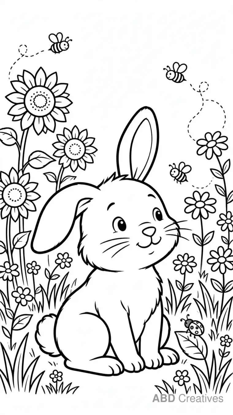 Bunny in a Flower Meadow with Bees Coloring Page