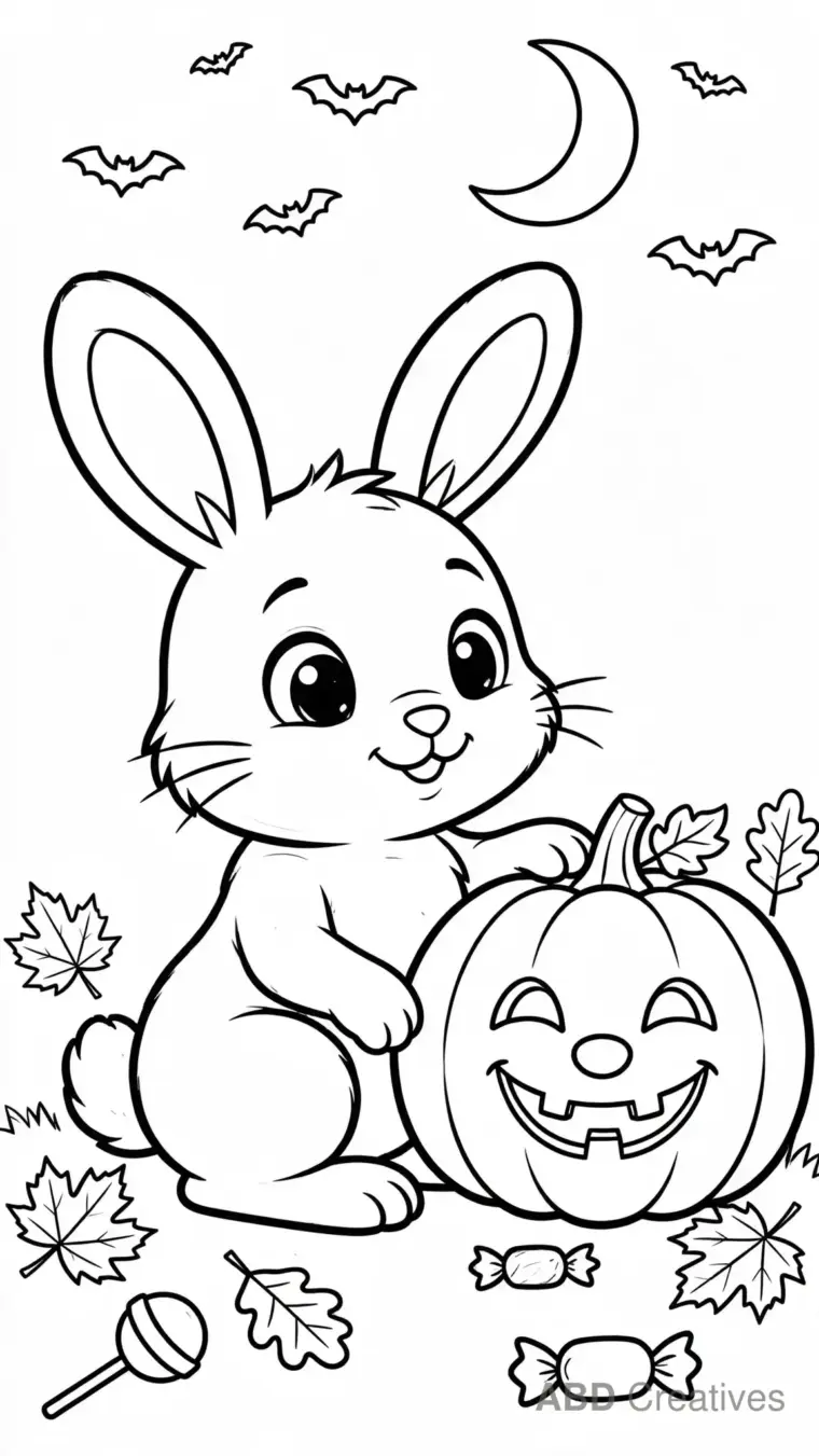 Bunny with a Halloween Pumpkin Coloring Page
