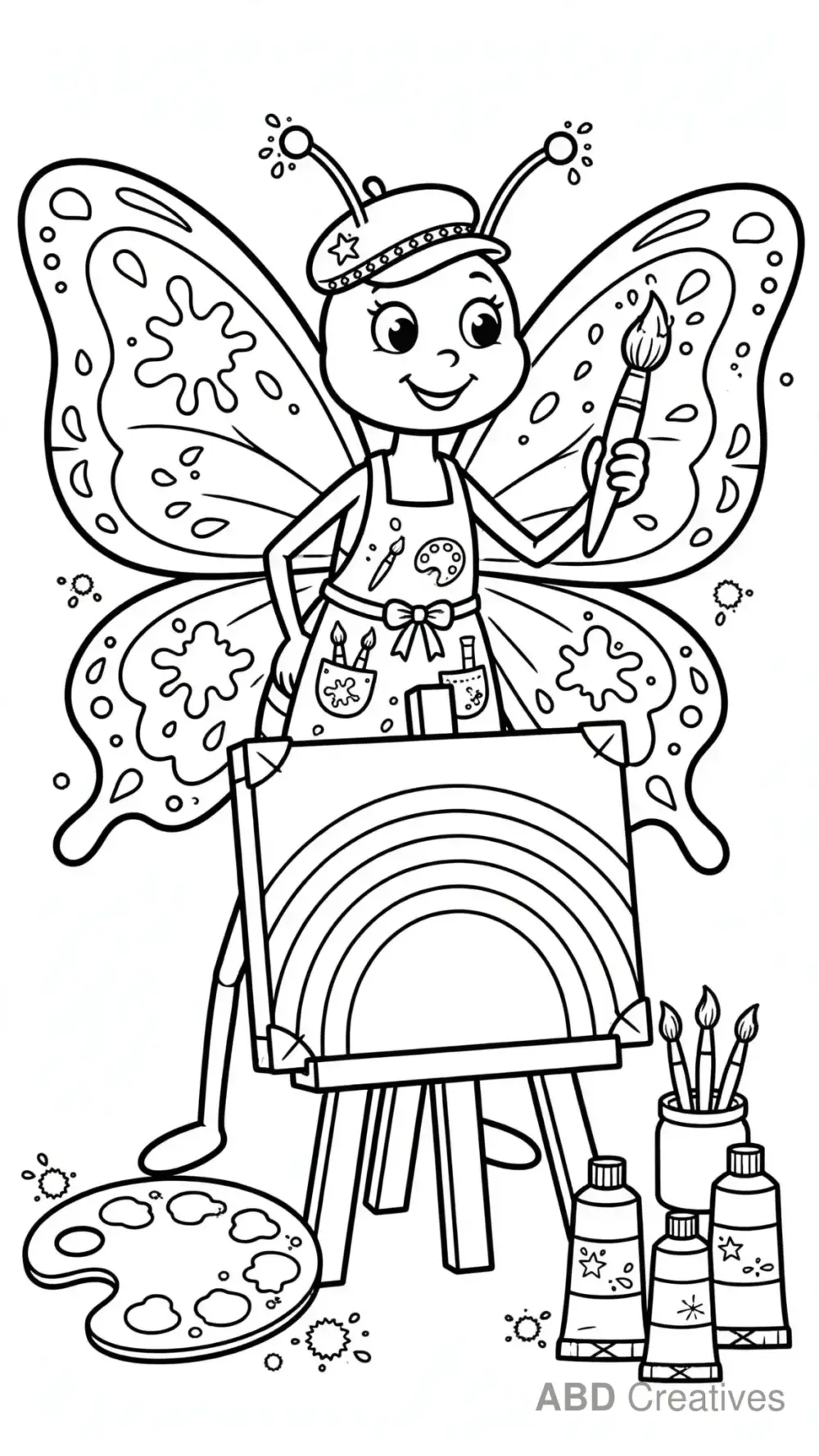Butterfly Artist Painting a Rainbow Coloring Page
