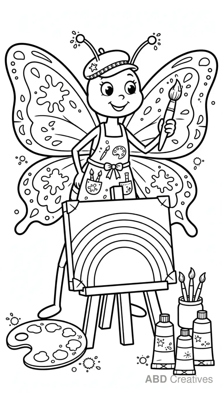 Butterfly Artist Painting a Rainbow Coloring Page