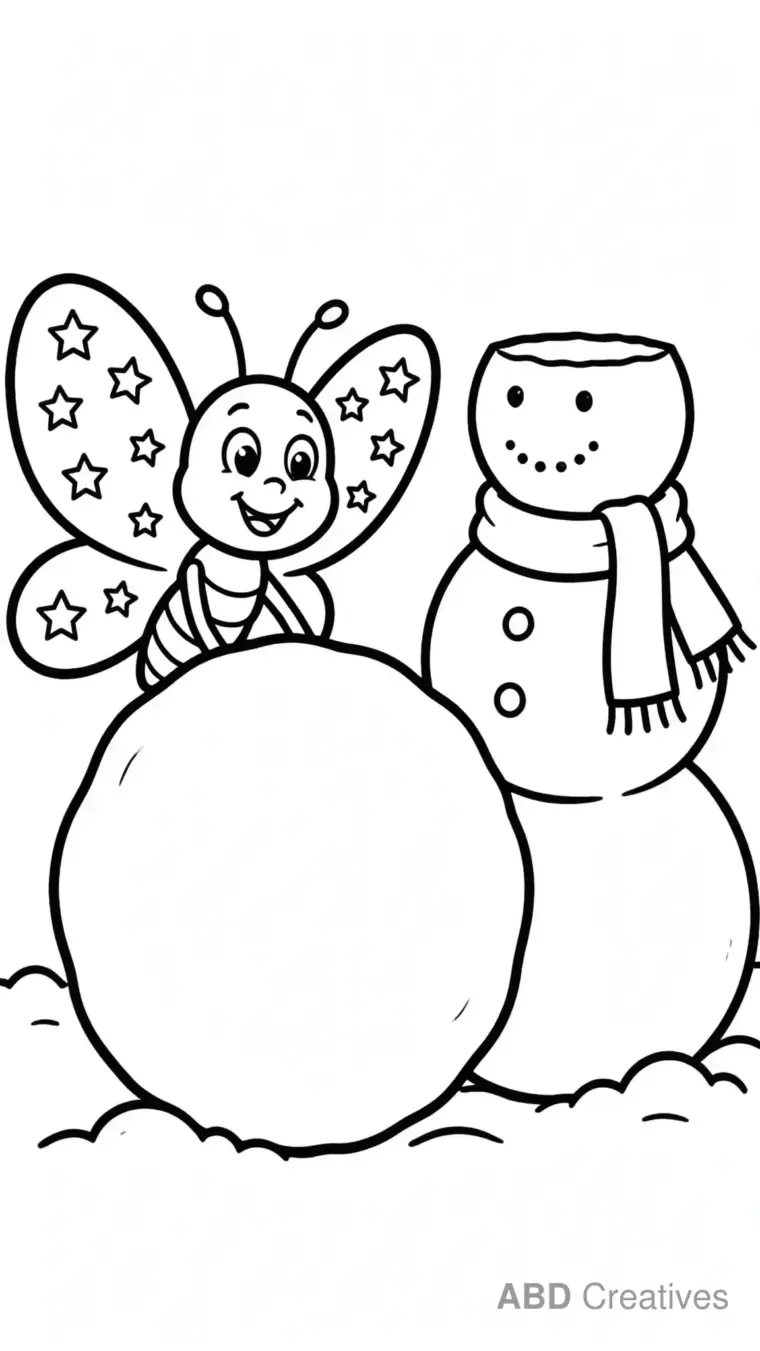 Butterfly Building a Snowman Coloring Page