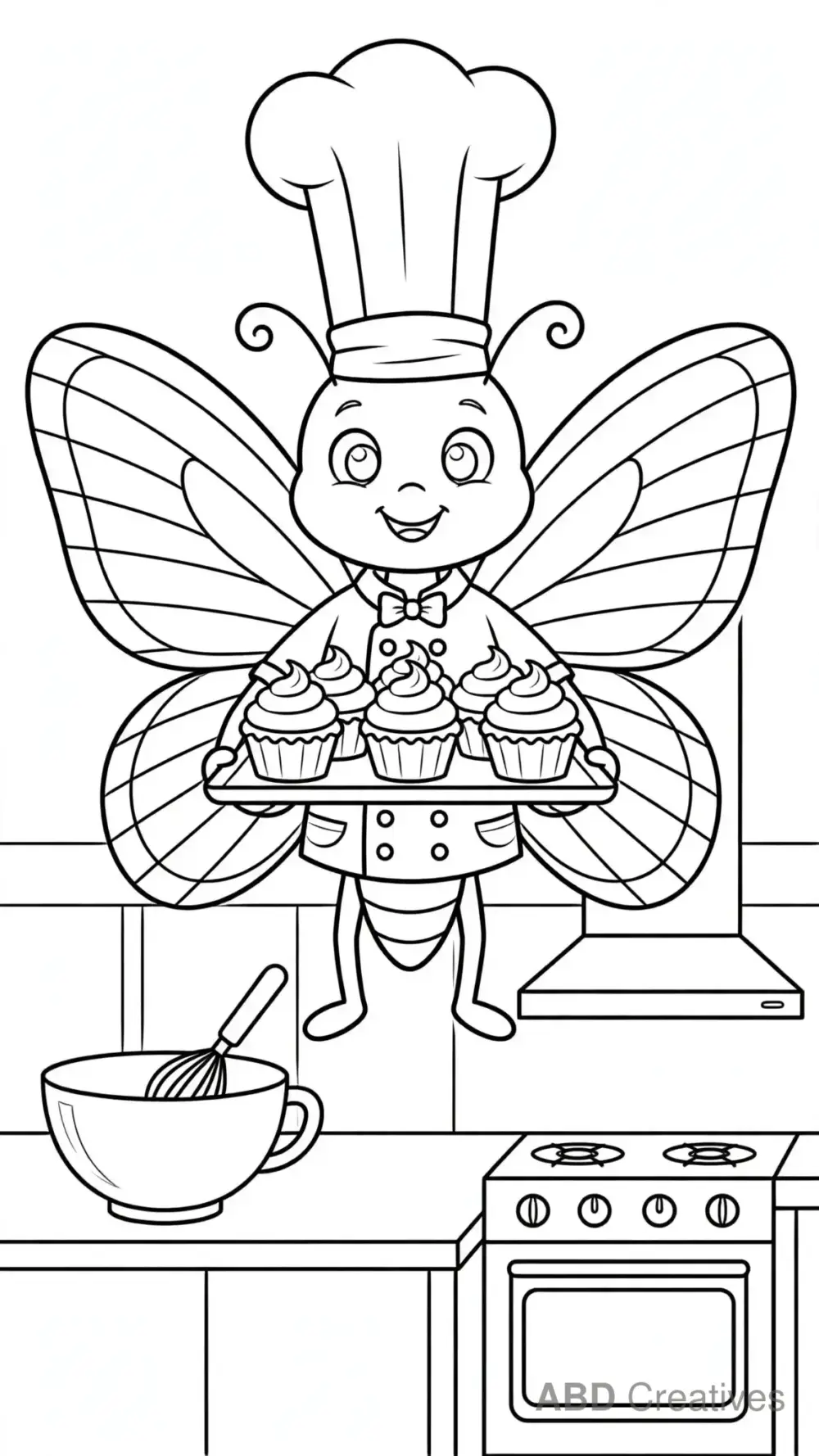 Butterfly Chef Baking Cupcakes Coloring Page