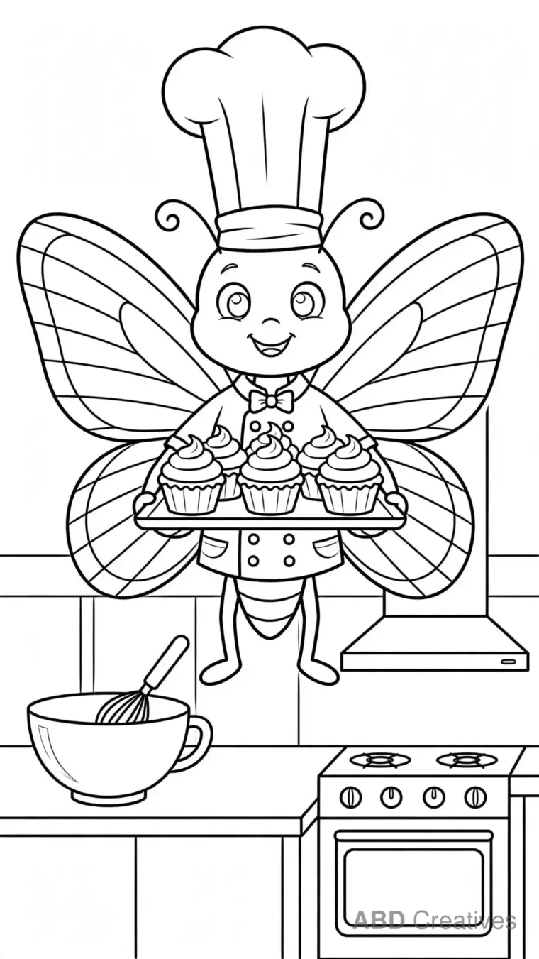 Butterfly Chef Baking Cupcakes Coloring Page