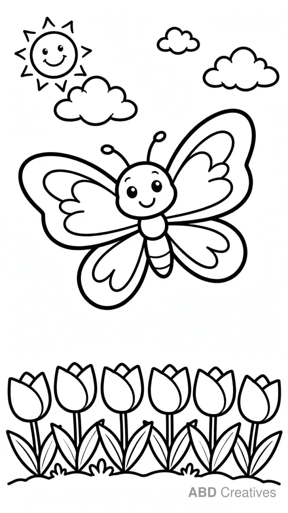 Butterfly Flying Over Tulips Coloring Page