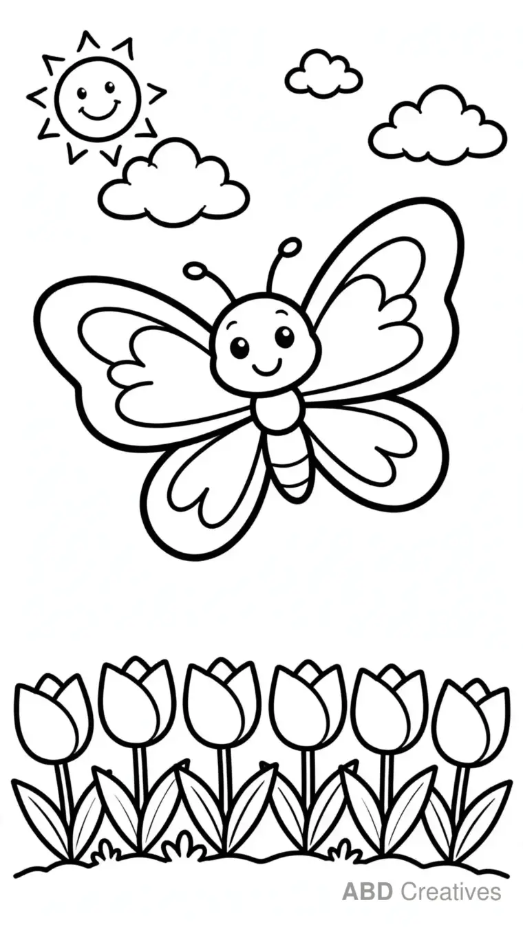 Butterfly Flying Over Tulips Coloring Page
