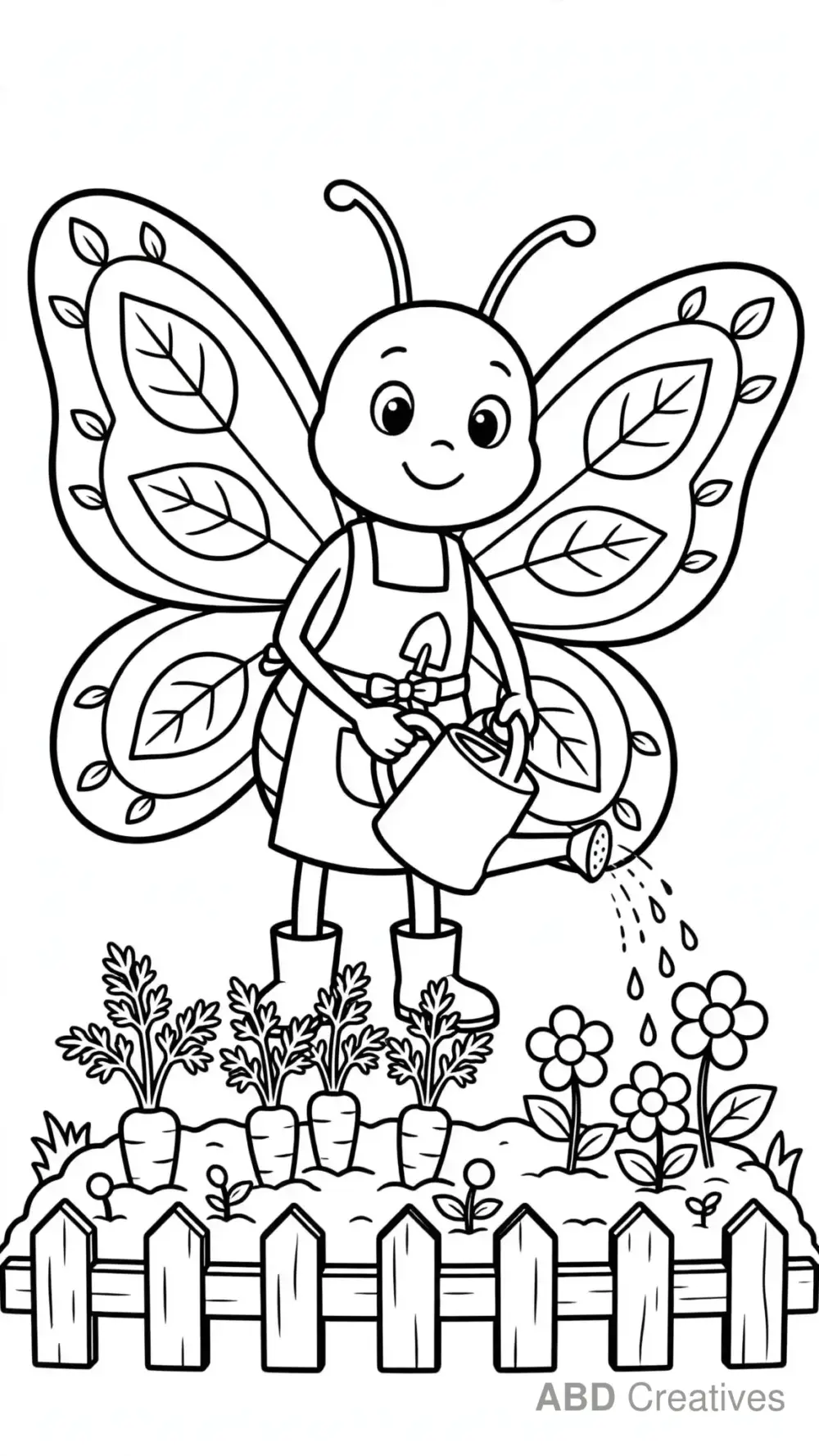 Butterfly Gardener Watering Flowers Coloring Page
