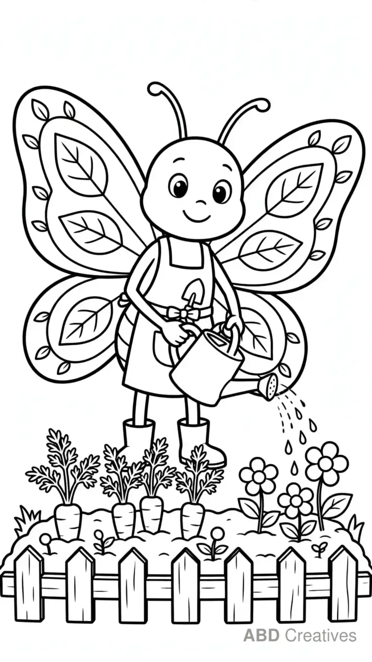 Butterfly Gardener Watering Flowers Coloring Page
