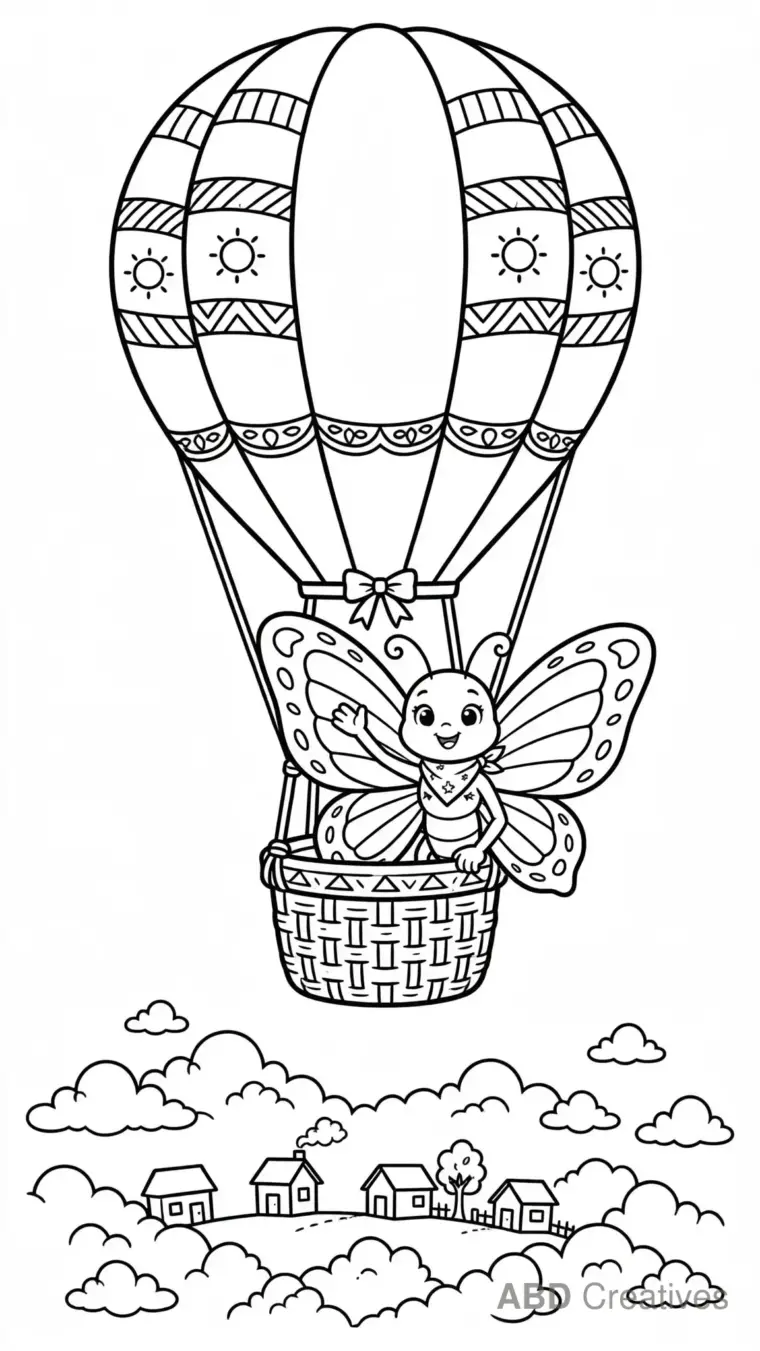 Butterfly Hot Air Balloon Adventure Coloring Page