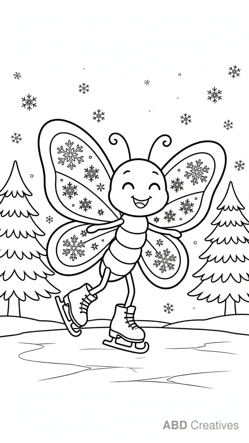 Butterfly Ice Skating on a Frozen Pond Coloring Page