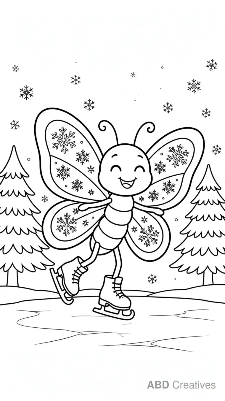 Butterfly Ice Skating on a Frozen Pond Coloring Page