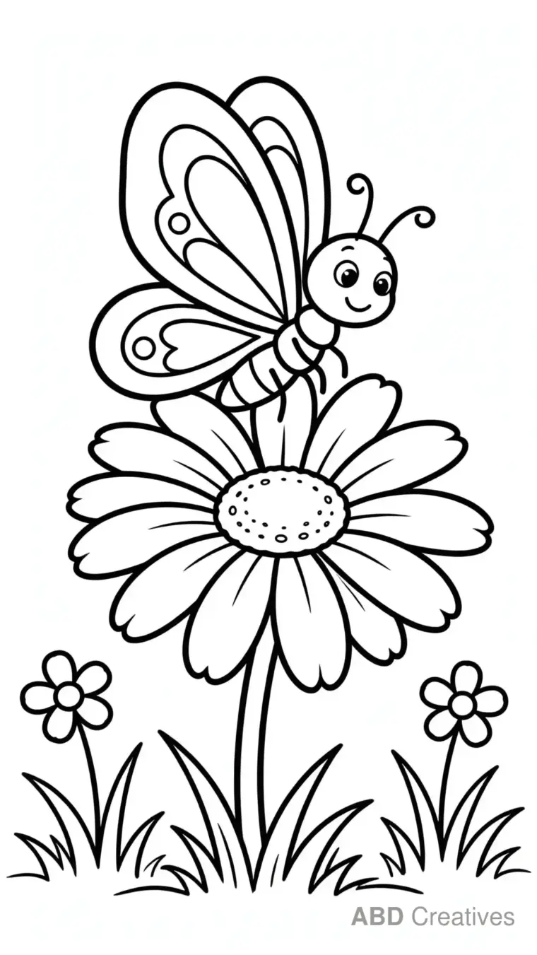 Butterfly Landing on a Daisy Coloring Page