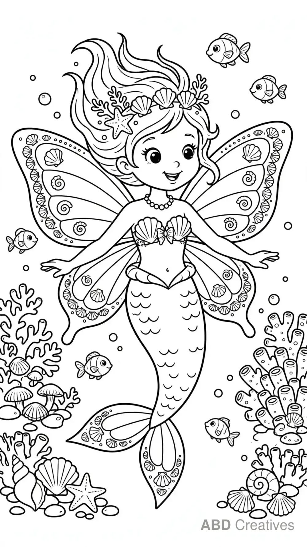 Butterfly Mermaid Under the Sea Coloring Page