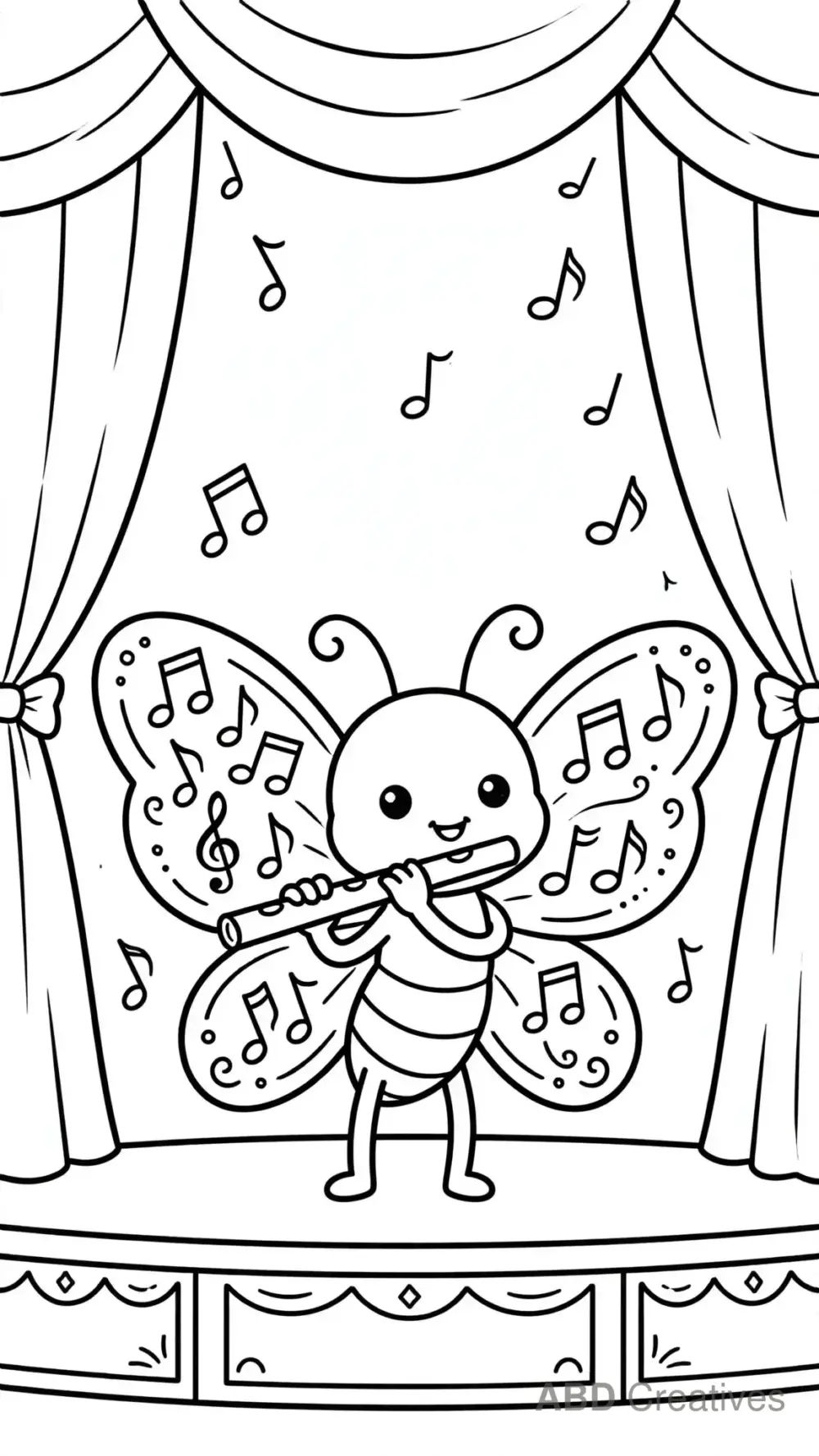 Butterfly Musician Playing a Flute Coloring Page