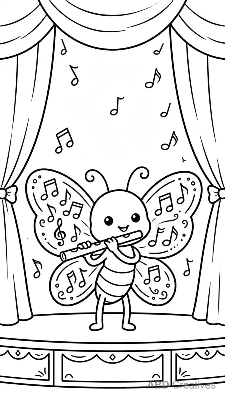 Butterfly Musician Playing a Flute Coloring Page