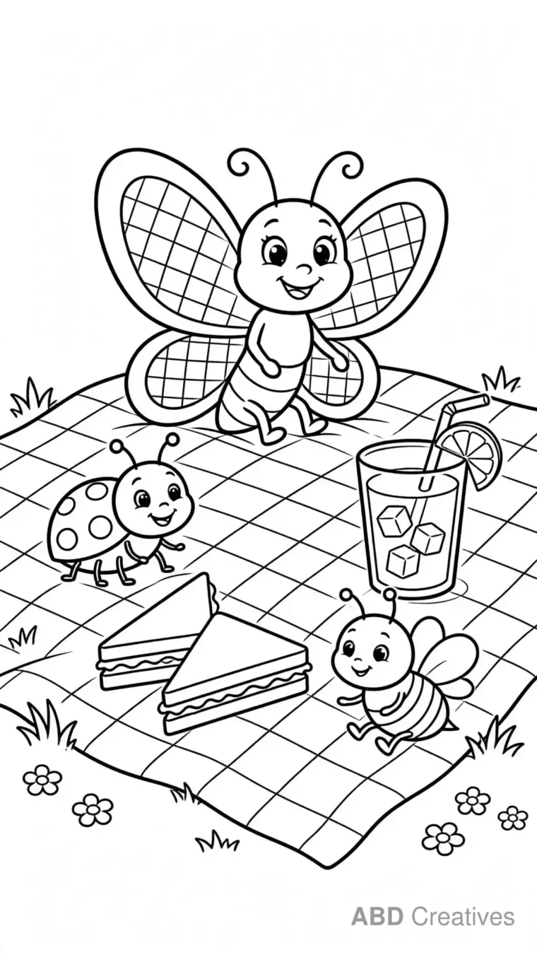 Butterfly Picnic with Friends Coloring Page