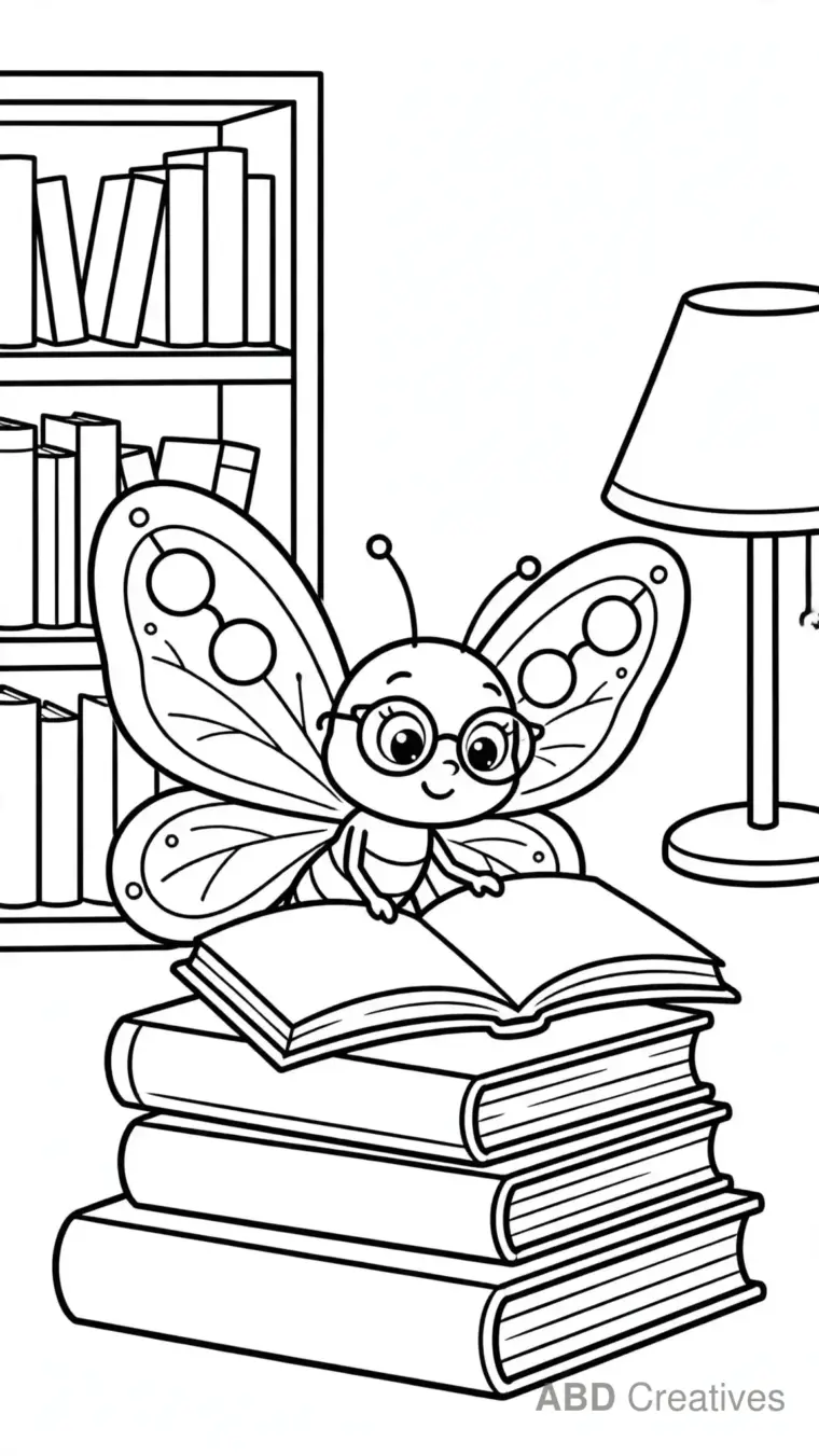 Butterfly Reading a Book Coloring Page